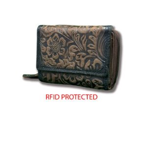 RFID Floral Leather Trifold Wallet/Coin Purse Brown