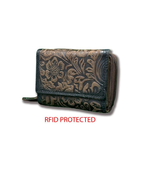 RFID Floral Leather Trifold Wallet/Coin Purse Brown