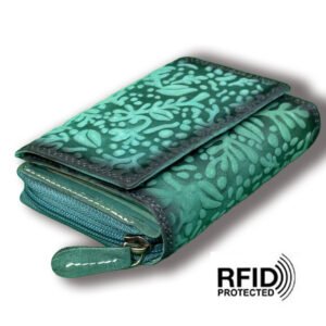 RFID Floral Leather Trifold Wallet/Coin Purse Blue