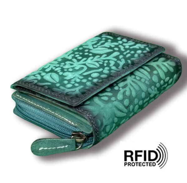 RFID Floral Leather Trifold Wallet/Coin Purse Blue