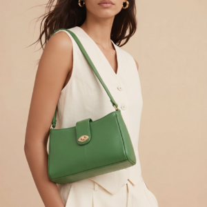 Model posing with a green shoulder bag against a beige background, wearing a white sleeveless top.