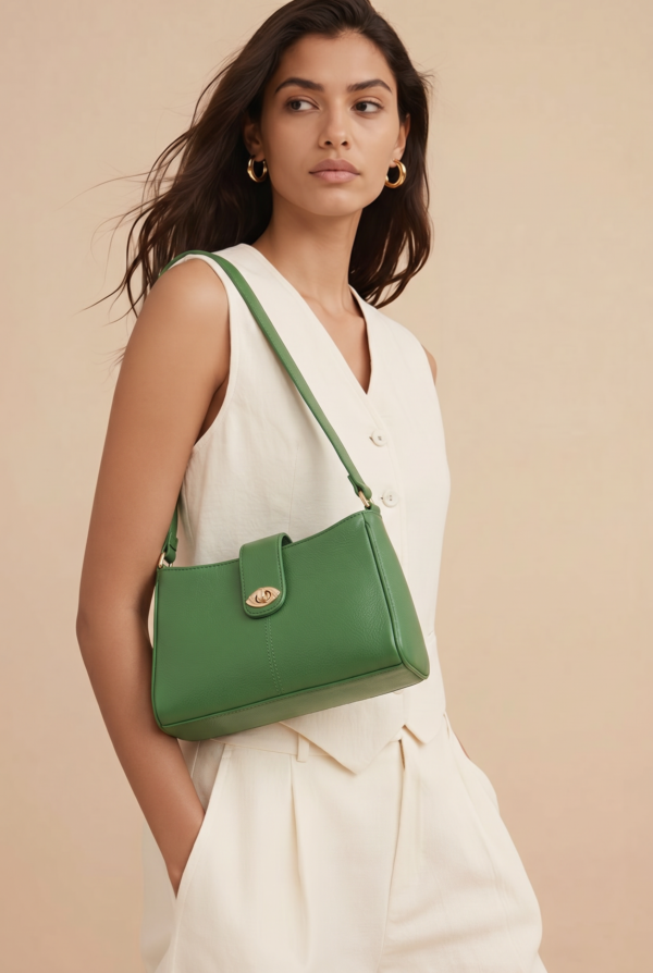 Model posing with a green shoulder bag against a beige background, wearing a white sleeveless top.