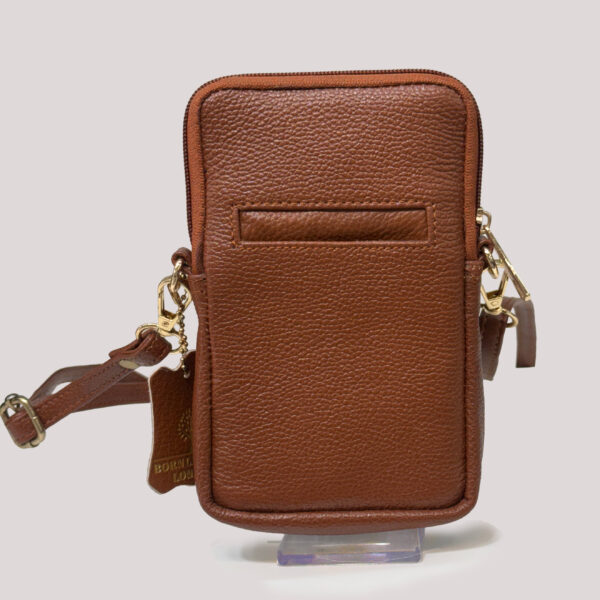 Brown textured leather mini bag with a gold-tone chain strap and a small tag hanging from the side.