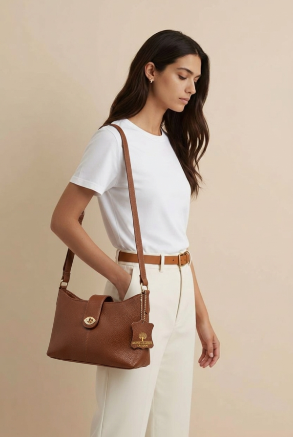 enuine Pebbled Leather Turn-Lock Mini Shoulder Bag Brown