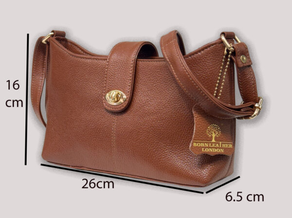 Brown textured leather handbag with a gold turn-lock, short top handle, and shoulder strap; dimension labels show height 16 cm, width 26 cm, and depth 6.5 cm.